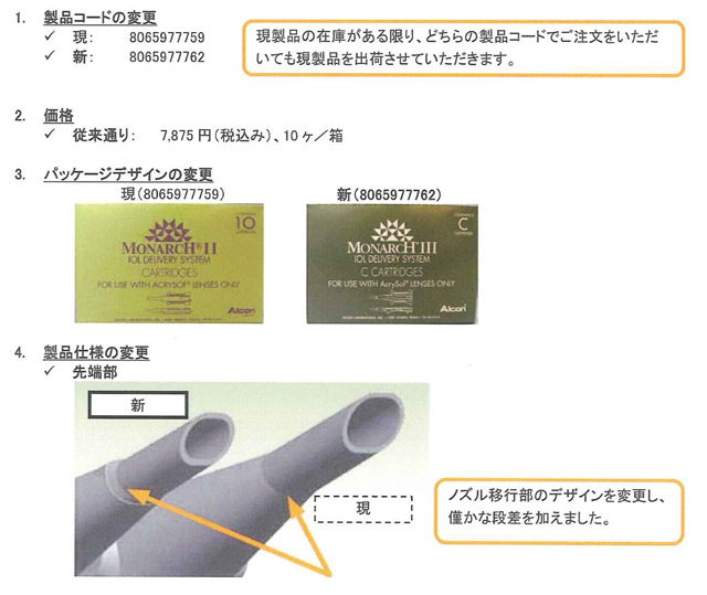 モナークＣカートリッジ製品コード・製品仕様の変更