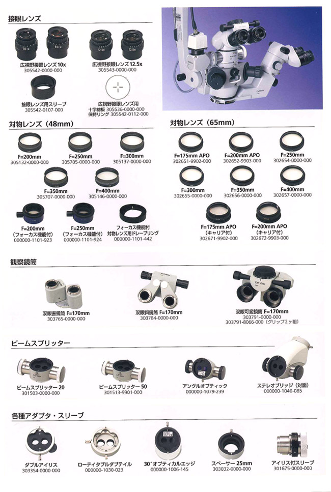 接眼レンズ、対物レンズ、観察鏡筒、ビームスプリッター、各種アダプタ・スリーブ